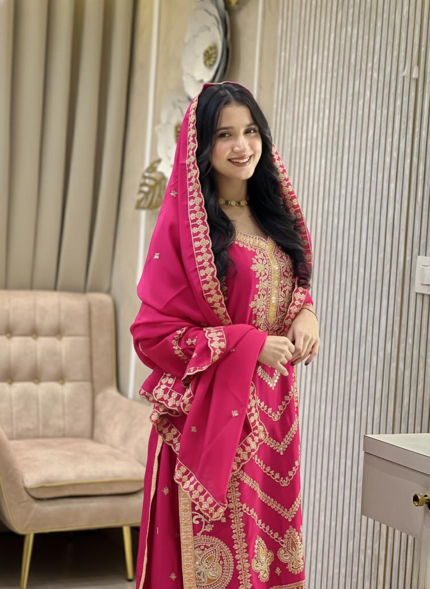 Designer Pink Pure Silk Kurti & Palazzo Suit | Sequence Embroidery Work With Dupatta Set