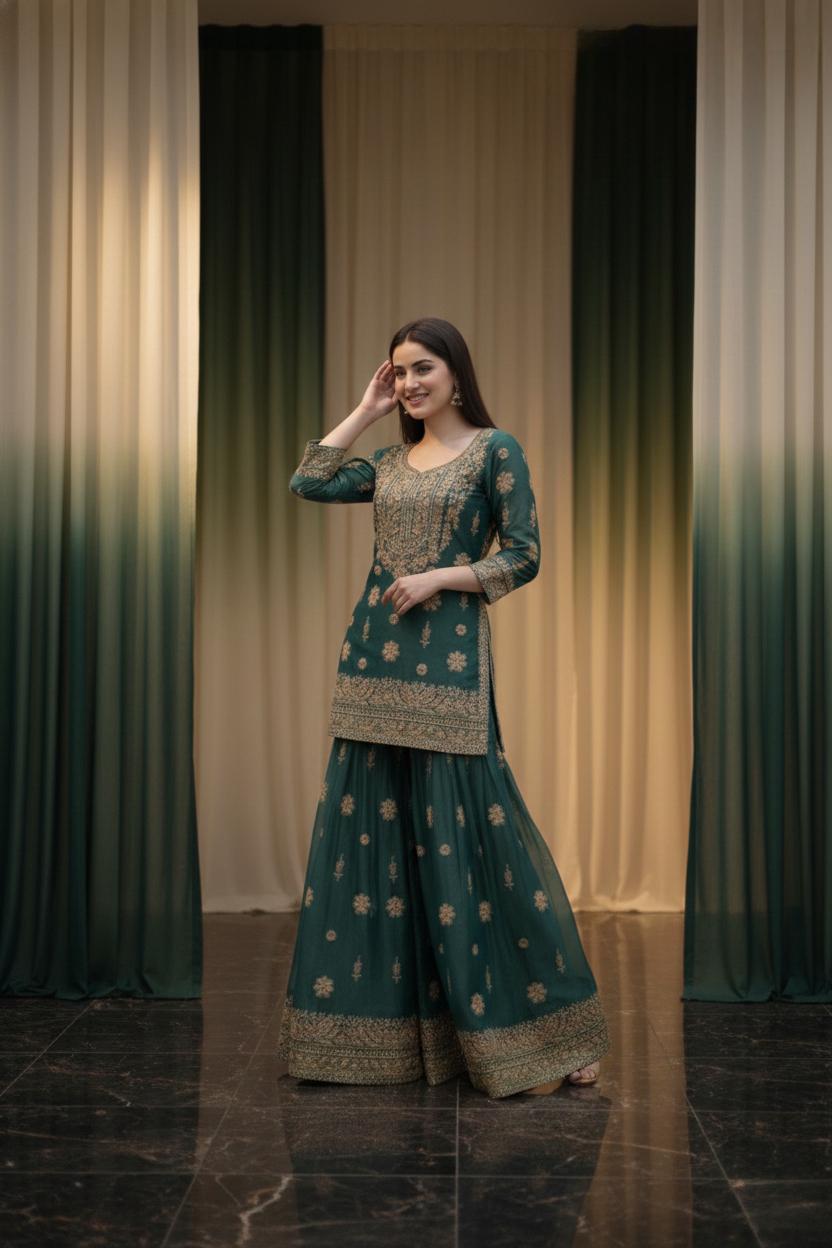 Blue Kurta Set With Flared Palazzo Pant For Women - Wedding Dress