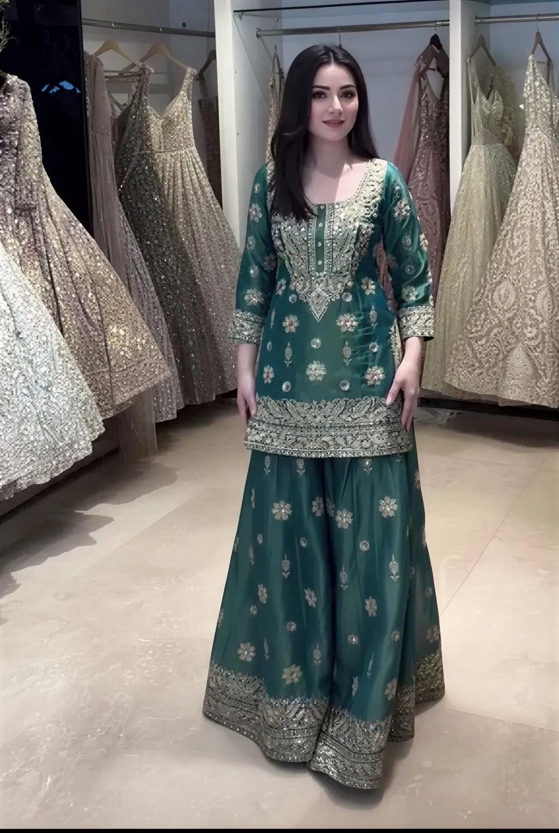 Blue Kurta Set With Flared Palazzo Pant For Women - Wedding Dress
