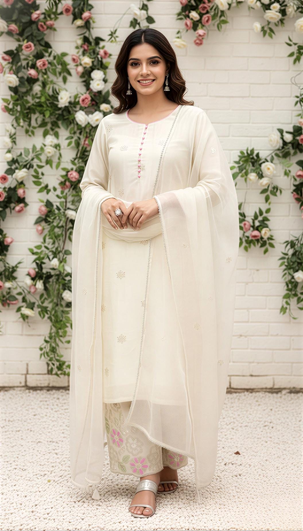 Cream Chinon Silk Embroidered Kurti & Palazzo With Pearl Organza Dupatta, Wedding Guest Outfit