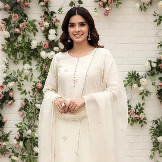 Cream Chinon Silk Embroidered Kurti & Palazzo With Pearl Organza Dupatta, Wedding Guest Outfit