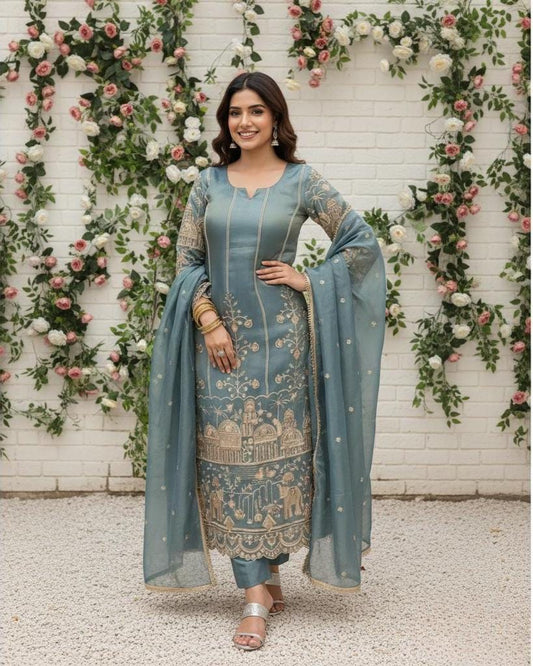Designer Blue Organza Sequin Salwar Suit 3 Piece Set For Women - Festive Wear