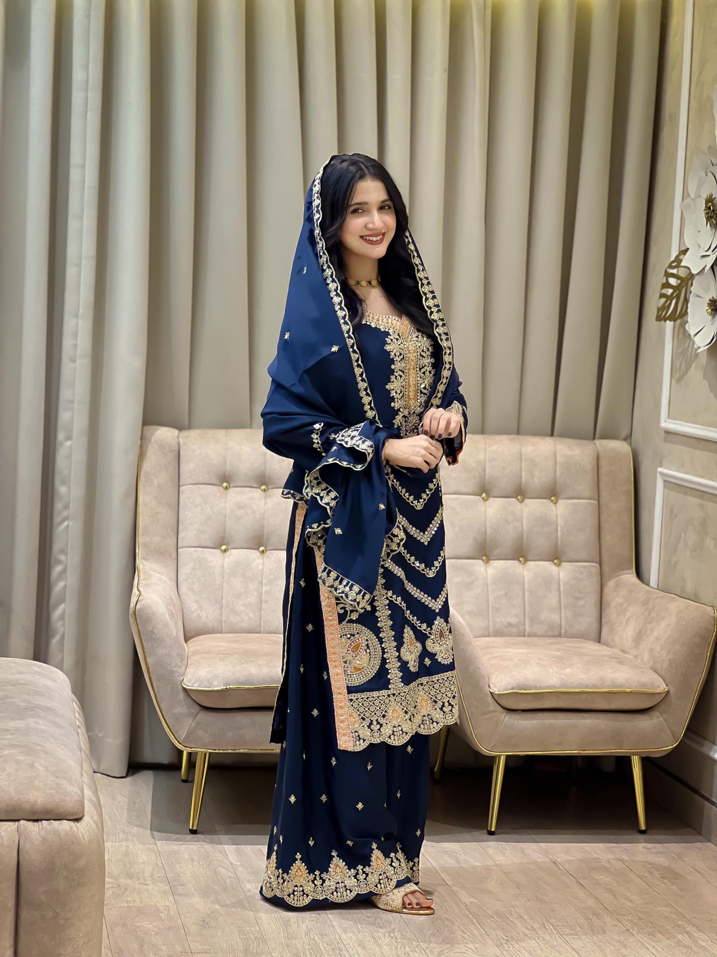 Dark Blue Chinon Silk Pakistani Suit – Heavy Gold Embroidery Eid Outfit
