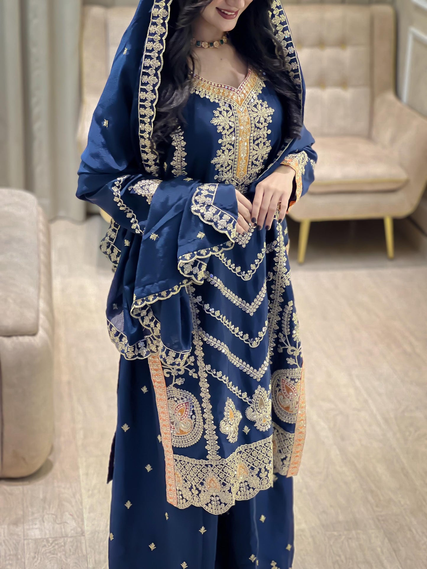 Dark Blue Chinon Silk Pakistani Suit – Heavy Gold Embroidery Eid Outfit