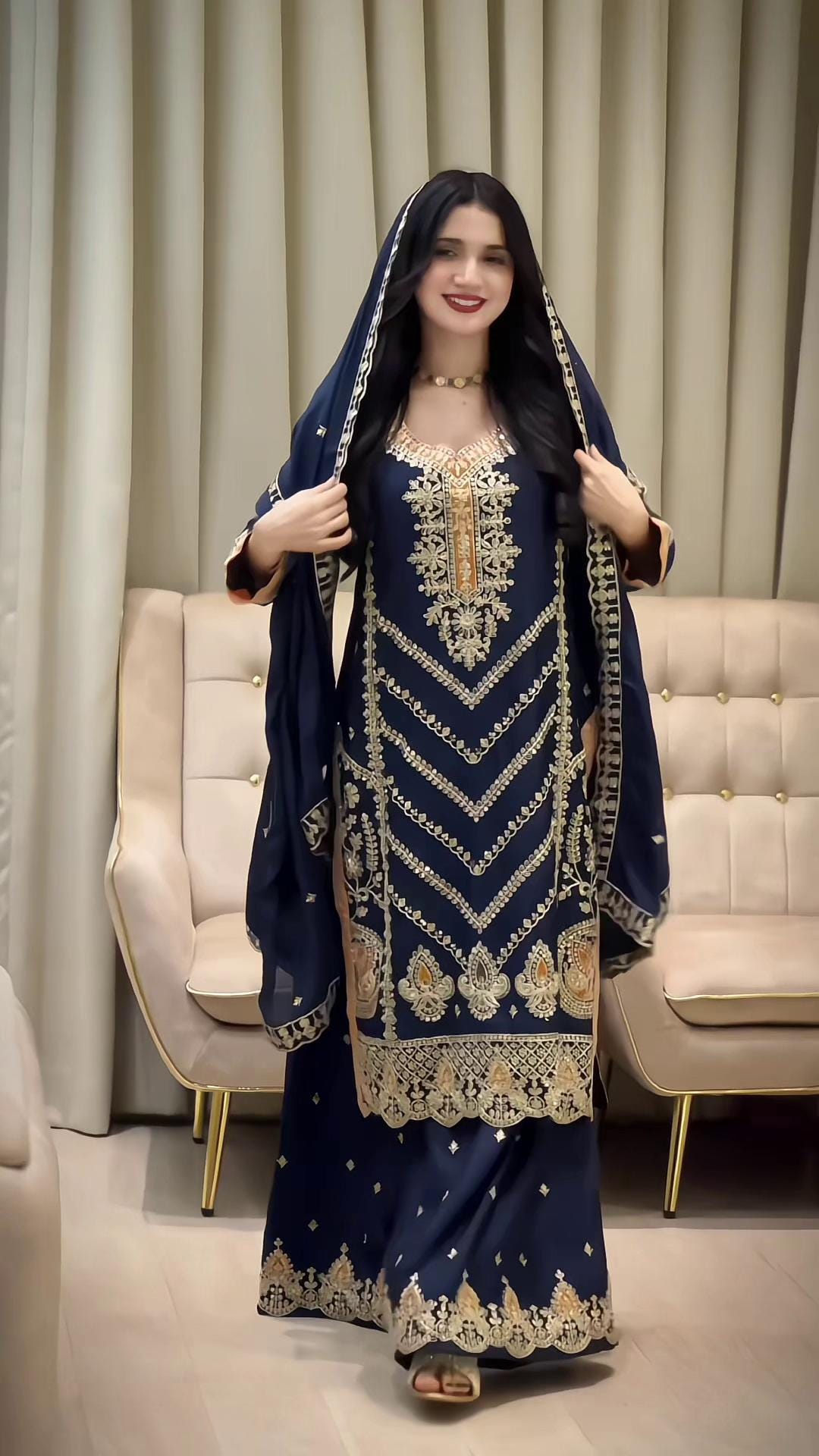 Dark Blue Chinon Silk Pakistani Suit – Heavy Gold Embroidery Eid Outfit