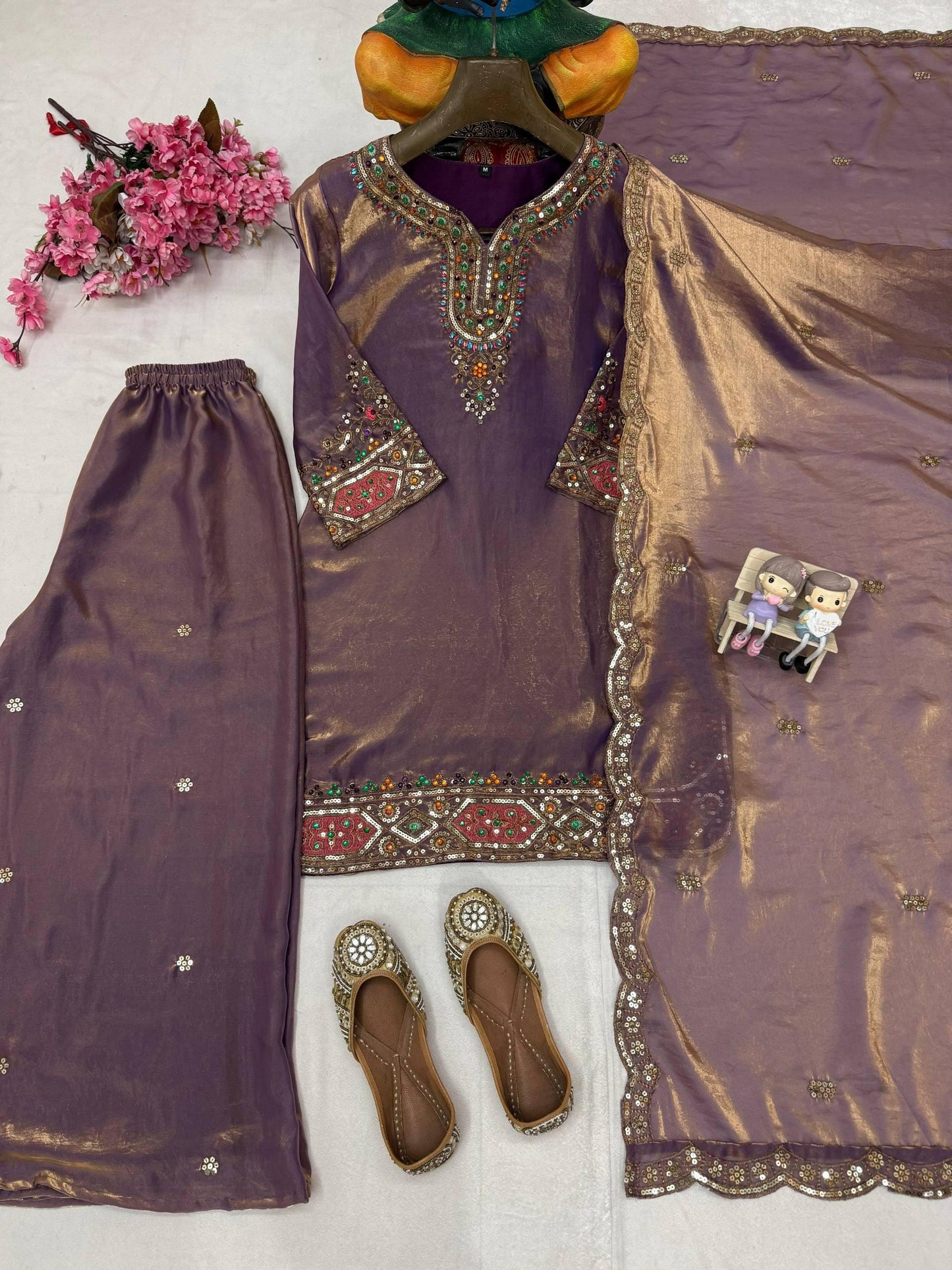 Soft Purple Tissue Silk Ghrarara Suit With Bronze & Gold Hand Embroidered Dupatta Set
