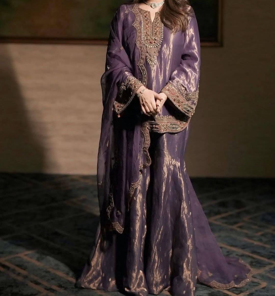Soft Purple Tissue Silk Ghrarara Suit With Bronze & Gold Hand Embroidered Dupatta Set