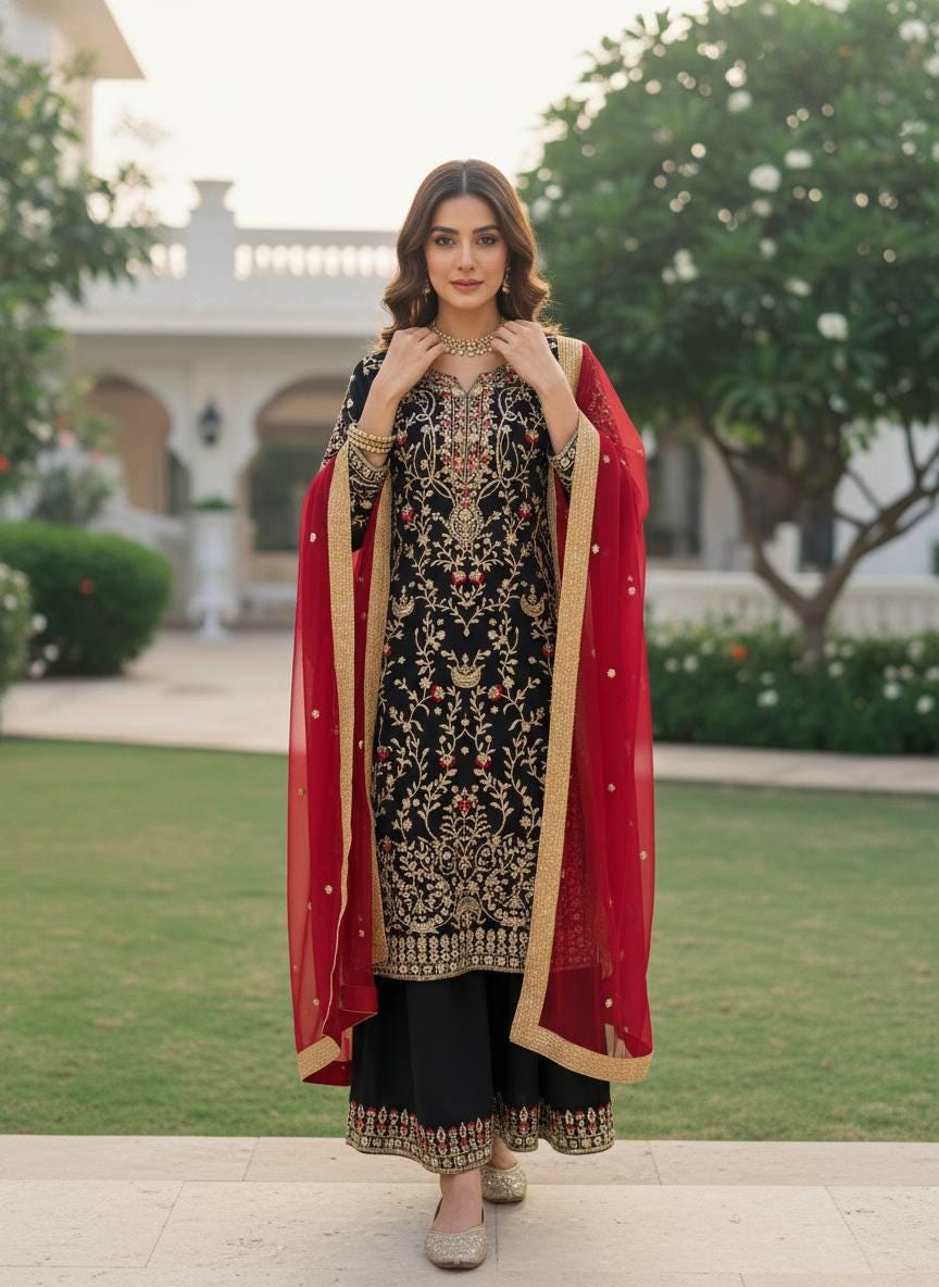 Black Georgette Kurta Palazzo Suit with Dupatta | Zari Embroidery, Wedding Wear