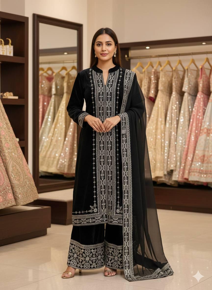 Designer Black Velvet Kurti Palazzo Suit With Dupatta Set | Embroidery Work - 3 Piece Suit