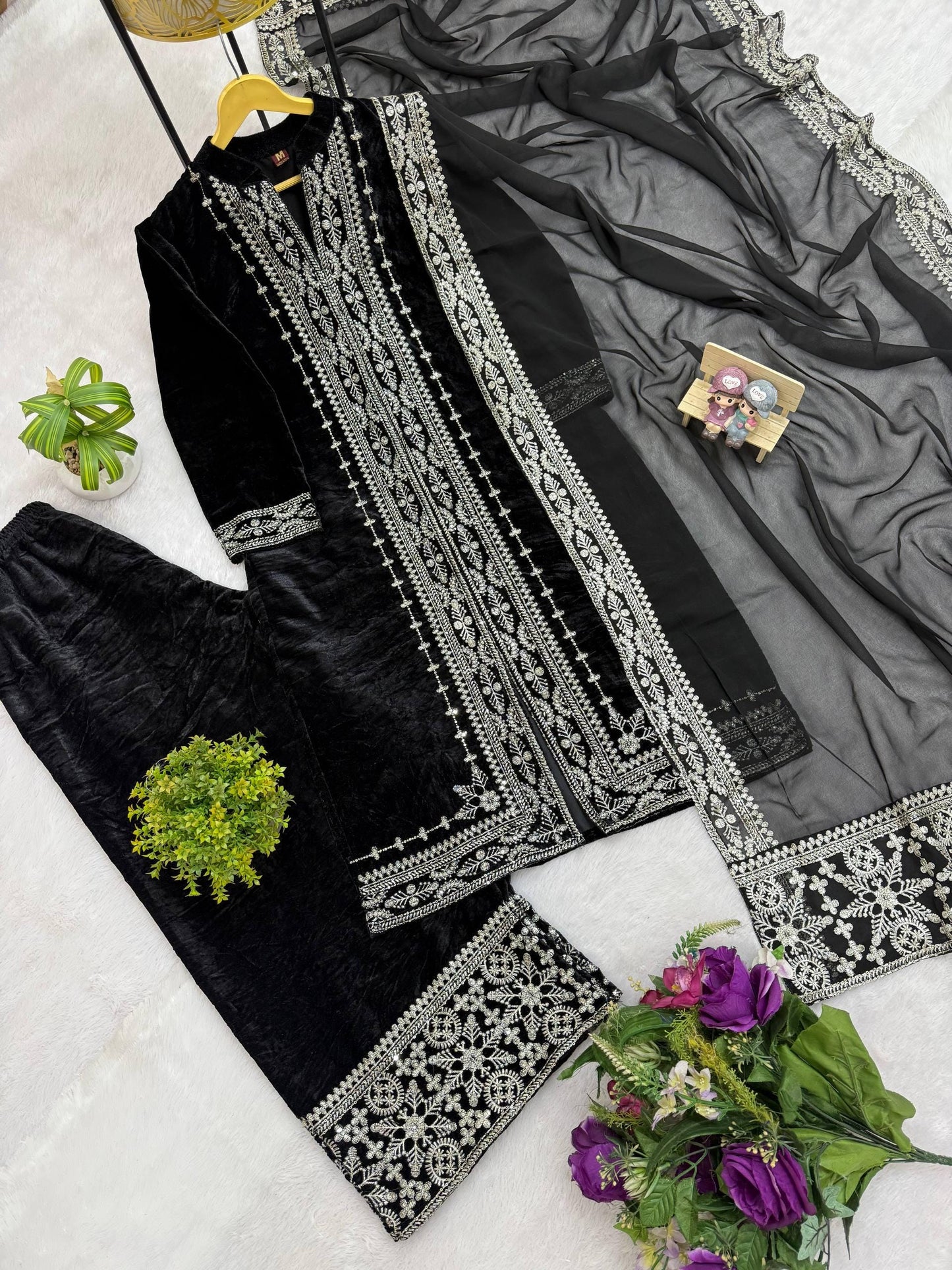 Designer Black Velvet Kurti Palazzo Suit With Dupatta Set | Embroidery Work - 3 Piece Suit