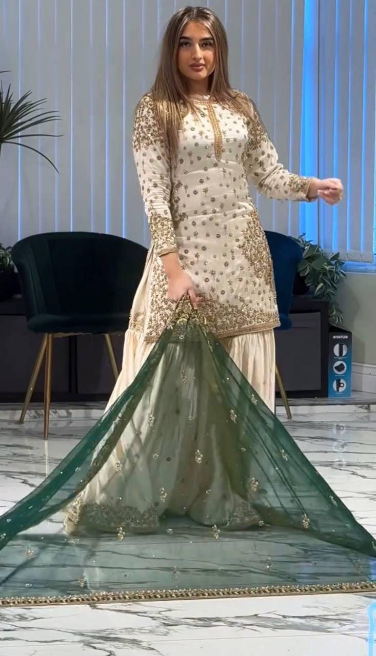 Pure Fendy Silk Gharara Set | Heavy Embroidery Sequin Work, Fully Stitched Eid Wear