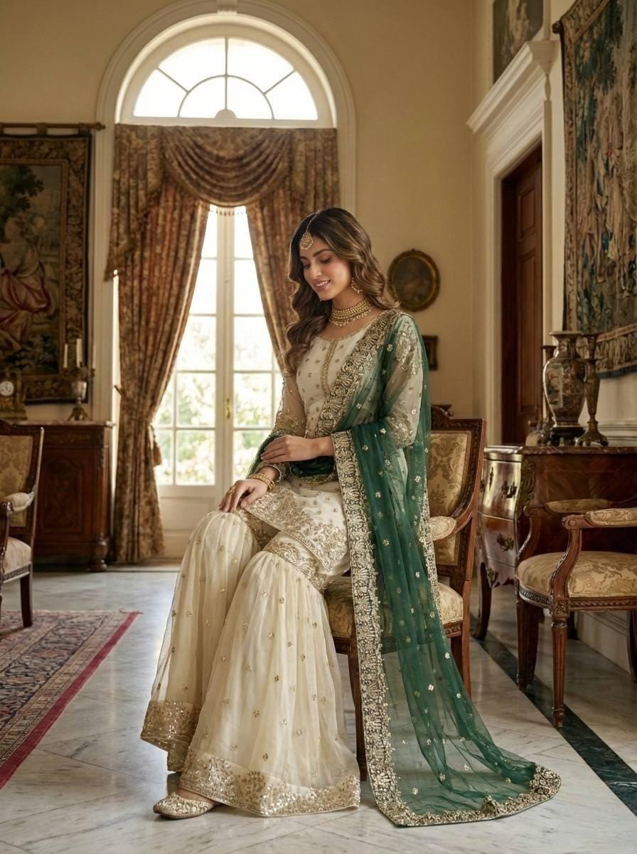 Pure Fendy Silk Gharara Set | Heavy Embroidery Sequin Work, Fully Stitched Eid Wear