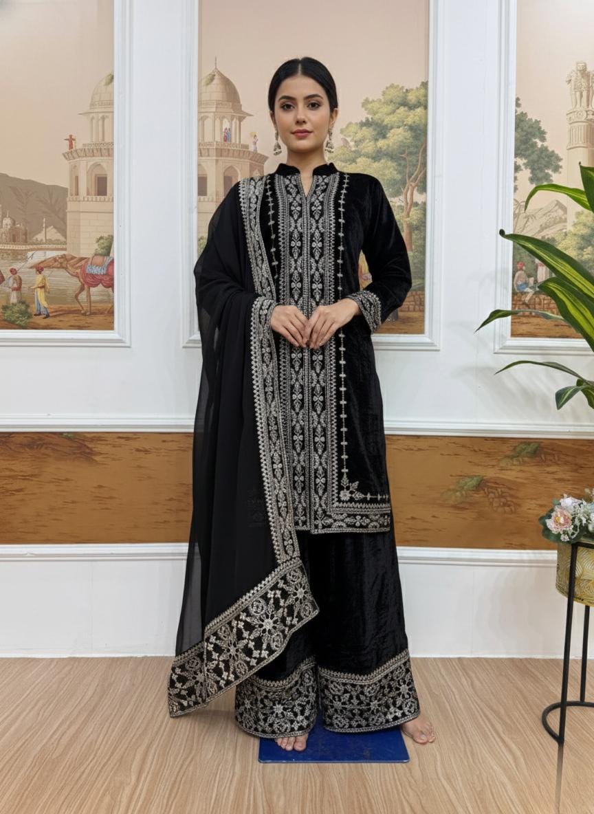 Designer Black Velvet Kurti Palazzo Suit With Dupatta Set | Embroidery Work - 3 Piece Suit