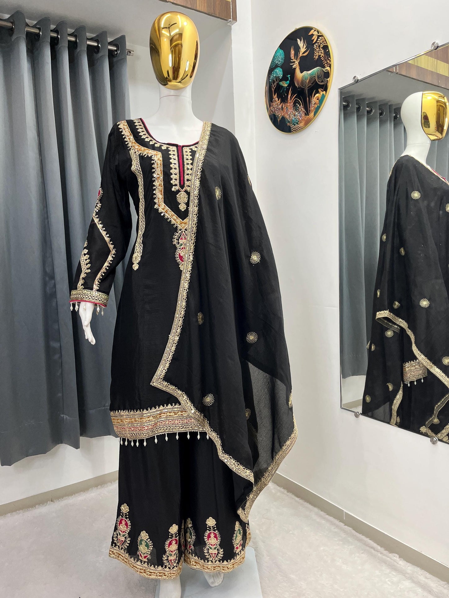 Designer Black Silk Palazzo Set & Sequence Embroidery Work With Dupatta Set - Partywear
