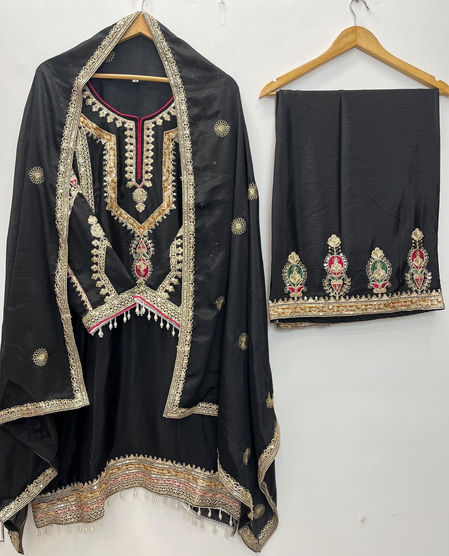 Designer Black Silk Palazzo Set & Sequence Embroidery Work With Dupatta Set - Partywear