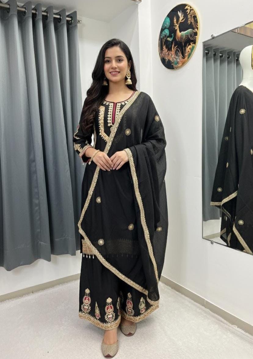 Designer Black Silk Palazzo Set & Sequence Embroidery Work With Dupatta Set - Partywear
