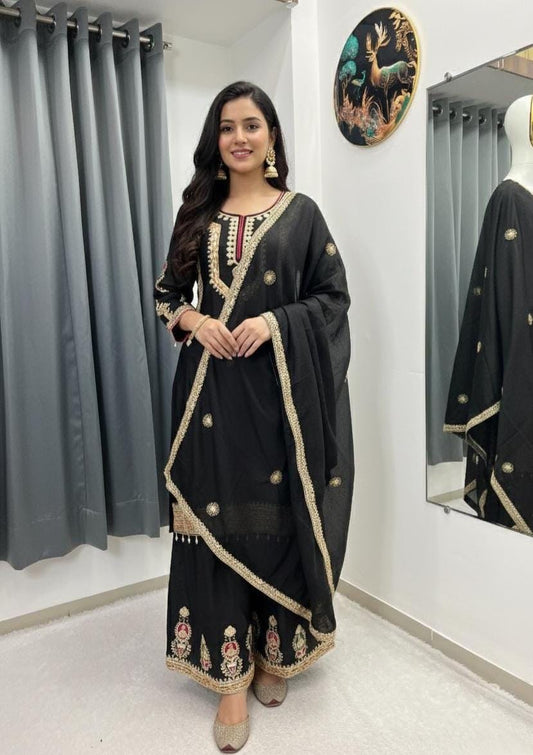 Designer Black Silk Palazzo Set & Sequence Embroidery Work With Dupatta Set - Partywear