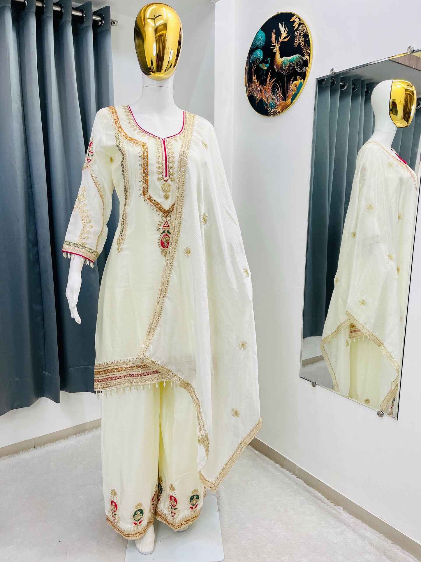 White Chinon Silk Embroidered Kurta Palazzo Set with Dupatta