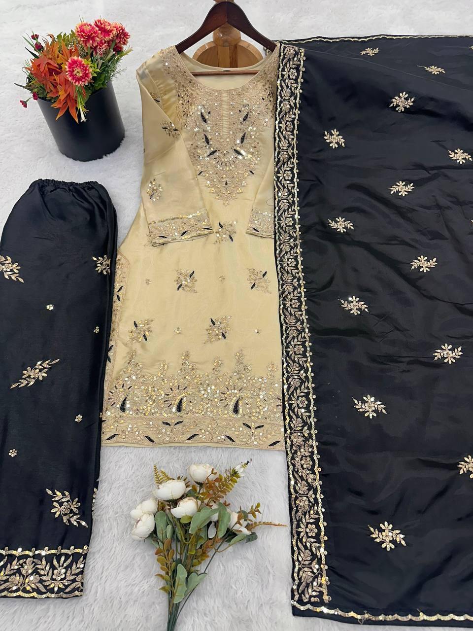 Designer Beige Silk Kurta & Black Palazzo Set With Dupatta With Embroidery Sequence