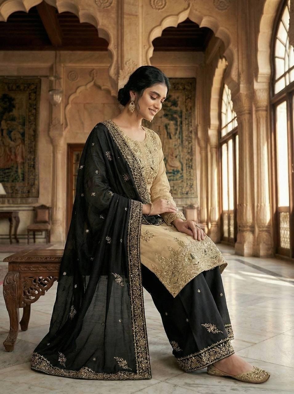 Designer Beige Silk Kurta & Black Palazzo Set With Dupatta With Embroidery Sequence