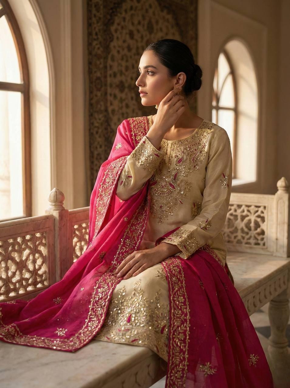 Designer Beige Silk Kurti & Pink Palazzo With Dupatta Set With Sequence Embroidery Work