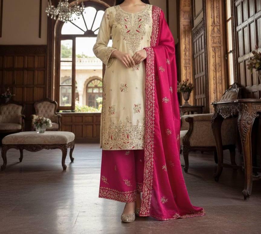 Designer Beige Silk Kurti & Pink Palazzo With Dupatta Set With Sequence Embroidery Work