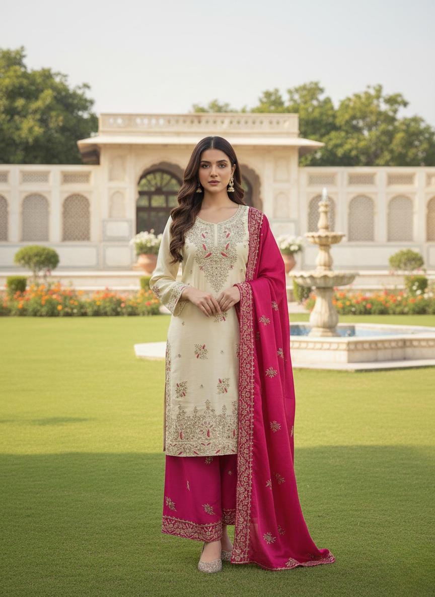 Designer Beige Silk Kurti & Pink Palazzo With Dupatta Set With Sequence Embroidery Work