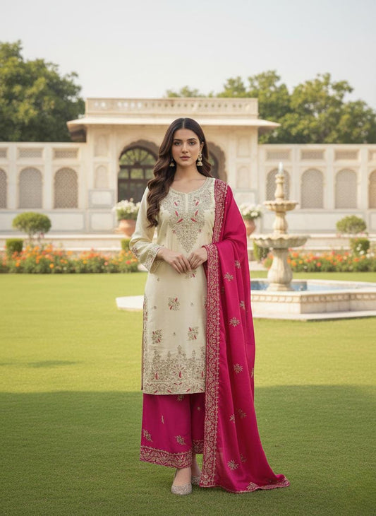 Designer Beige Silk Kurti & Pink Palazzo With Dupatta Set With Sequence Embroidery Work