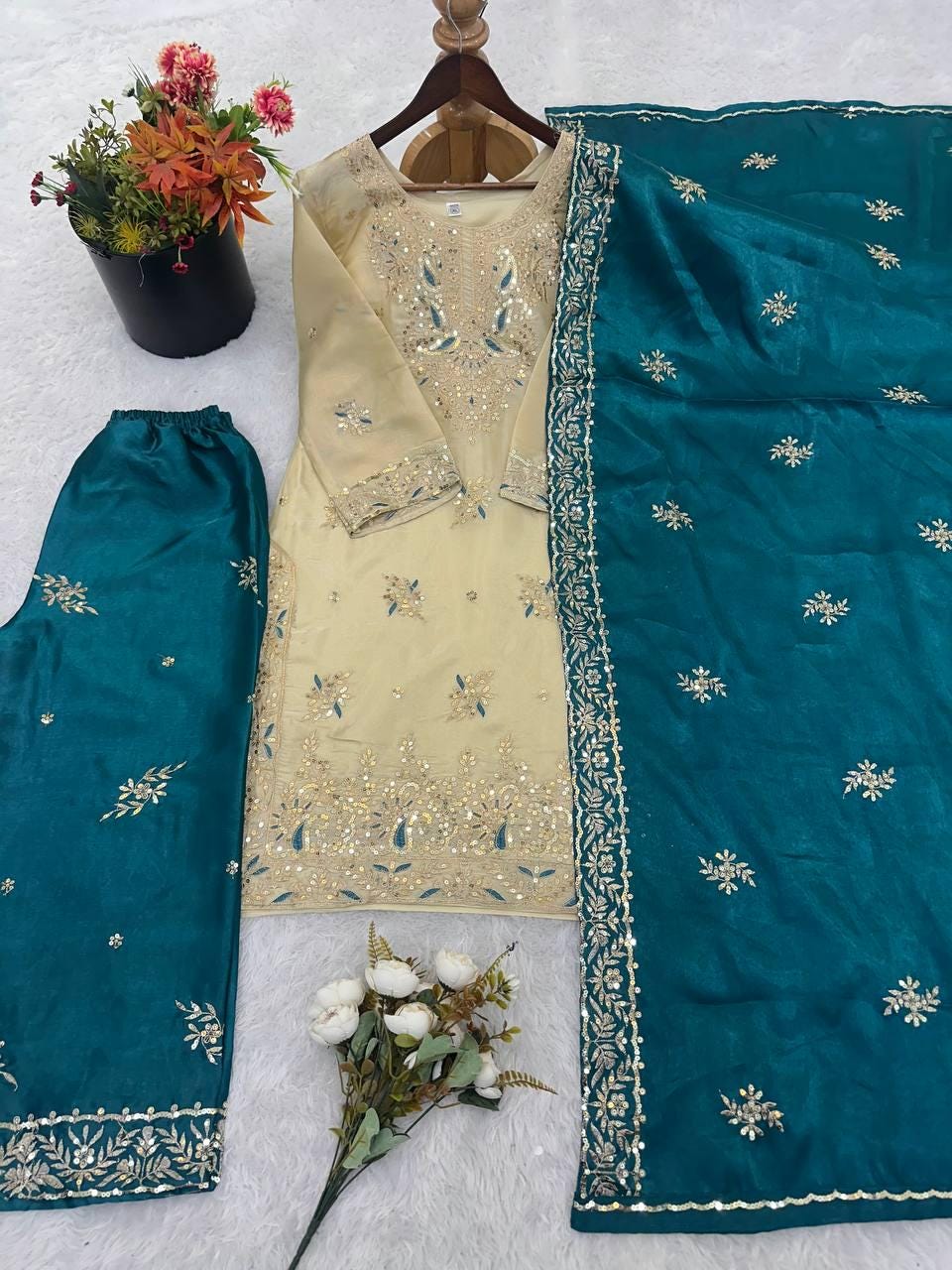 Designer Beige Kurti & Blue Palazzo Dupatta Set With Sequence Embroidery Work