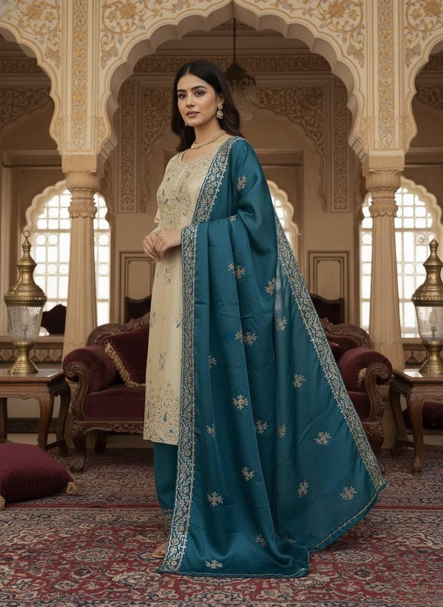 Designer Beige Kurti & Blue Palazzo Dupatta Set With Sequence Embroidery Work