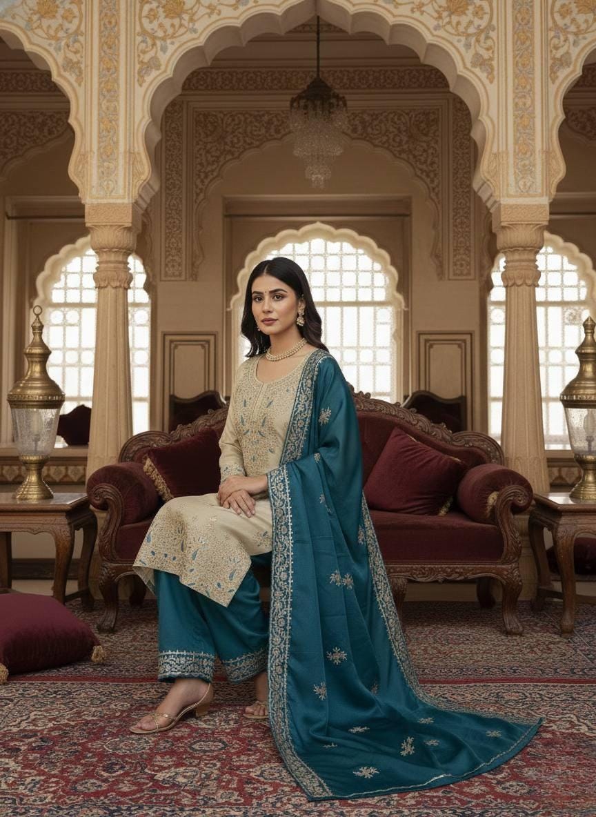 Designer Beige Kurti & Blue Palazzo Dupatta Set With Sequence Embroidery Work