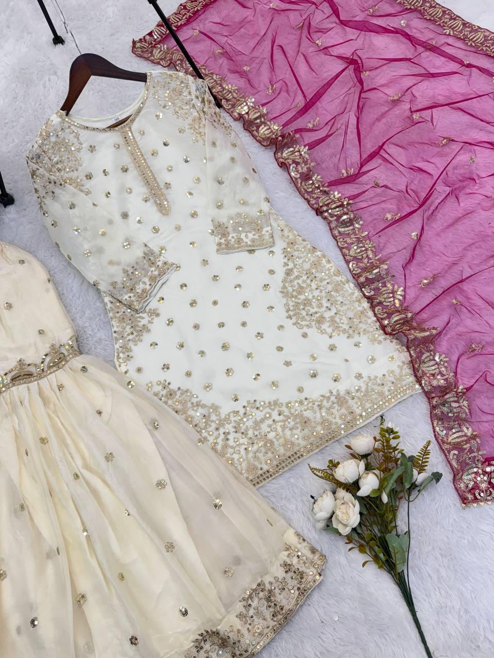 Premium White Kurti & Sharara Pink Dupatta Set With Heavy Sequence Embroidery Work Suit