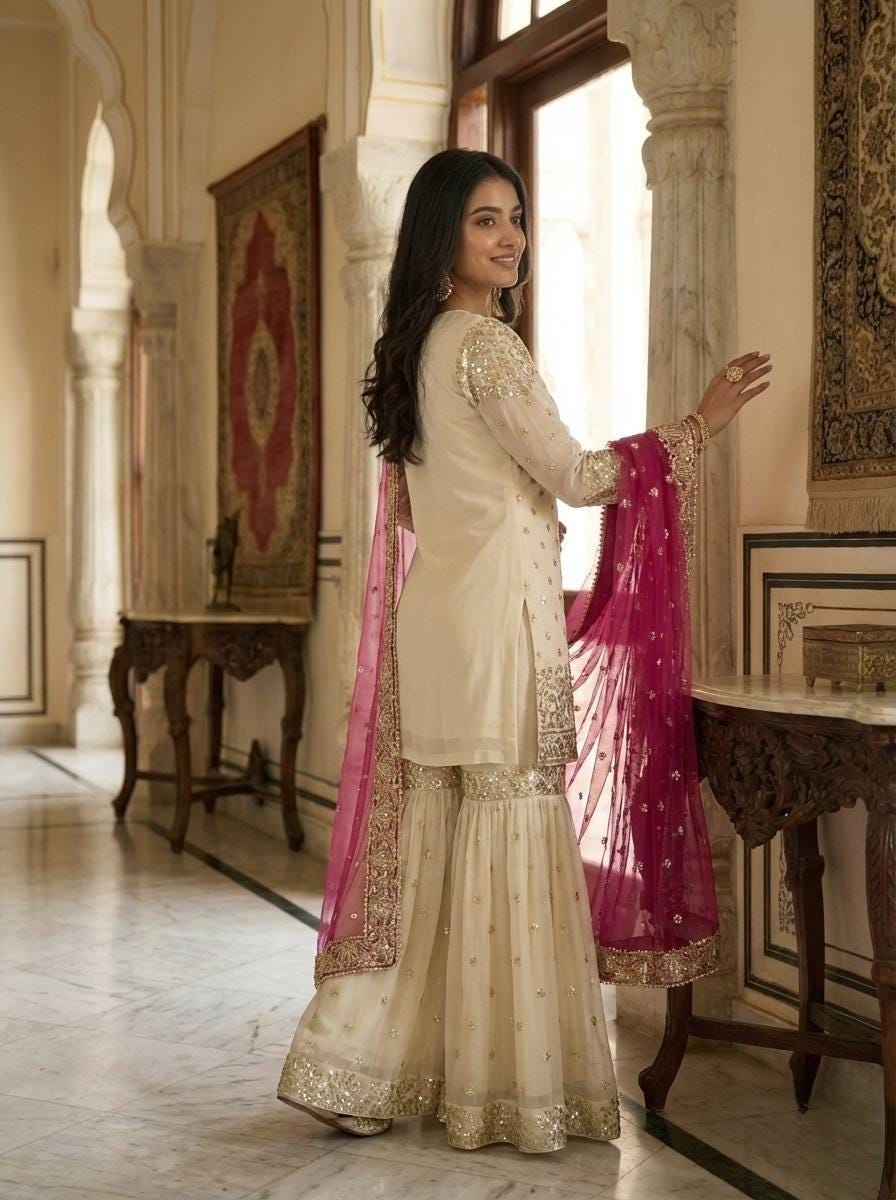 Premium White Kurti & Sharara Pink Dupatta Set With Heavy Sequence Embroidery Work Suit