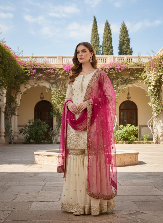 Premium White Kurti & Sharara Pink Dupatta Set With Heavy Sequence Embroidery Work Suit