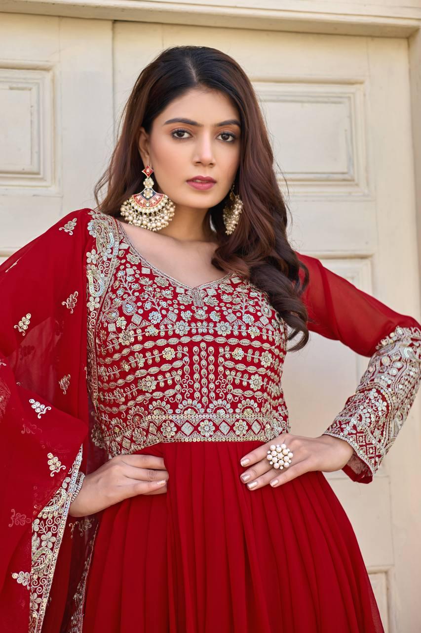 Embroidered Anarkali Gown Set in Heavy Faux Georgette with Dupatta and Chudidar