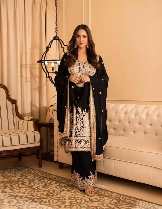 Luxury All Black Velvet Embroidered Suit Set with Georgette Dupatta for Festive & Wedding Wear