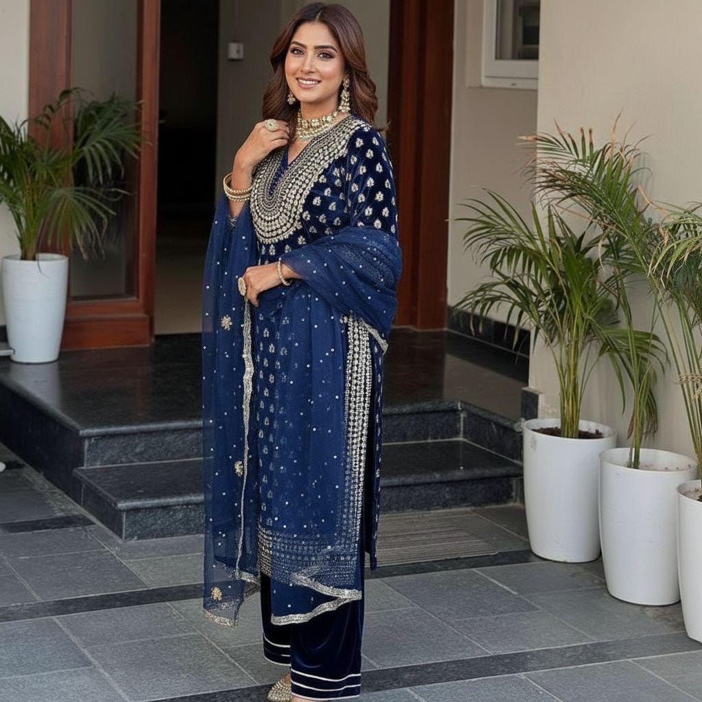Stylish Blue Two-Tone Velvet Embroidered Suit Set with Palazzo & Dupatta