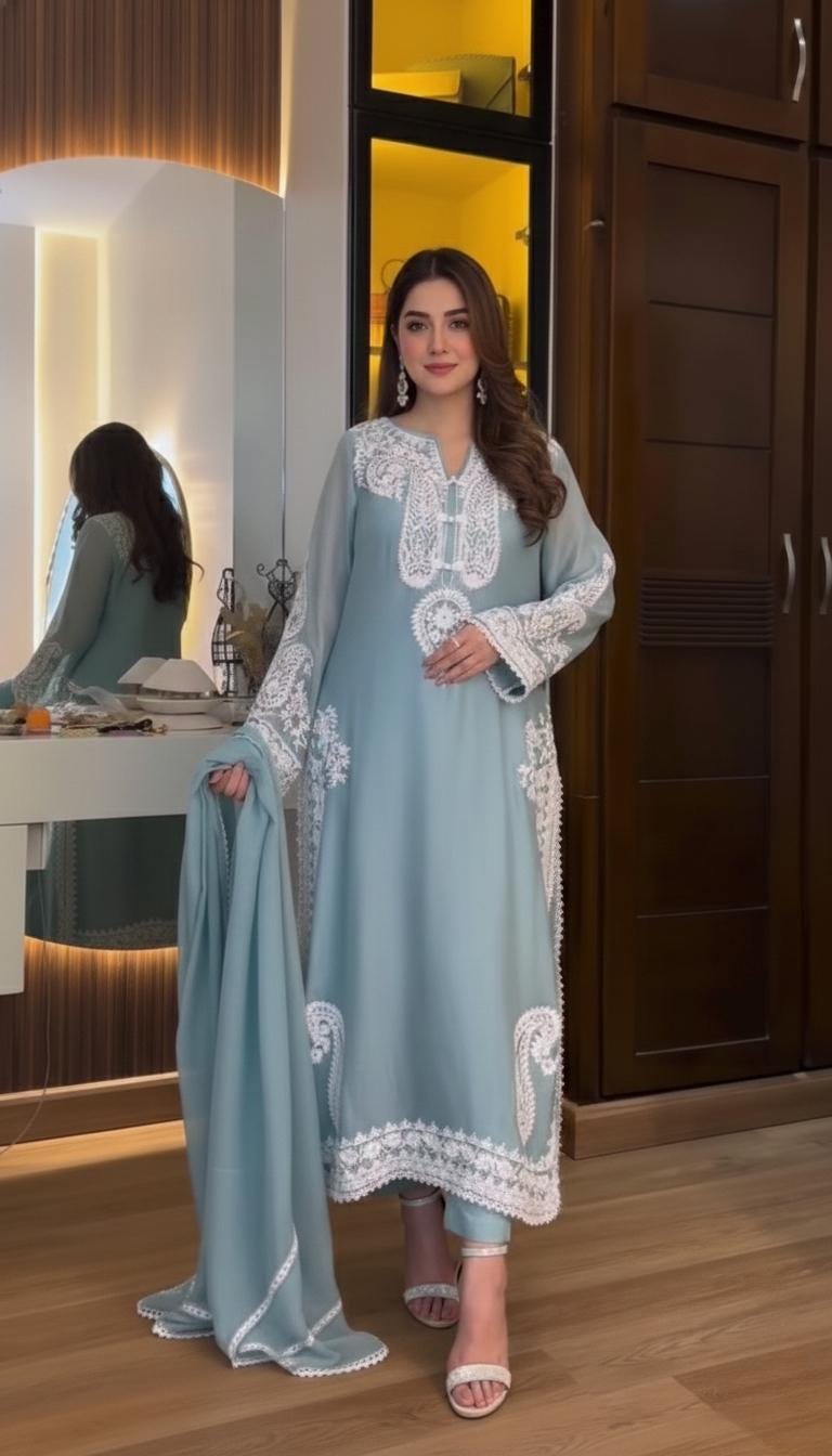 Organza Silk Embroidered Suit Set with Satin Palazzo and Lace Organza Dupatta