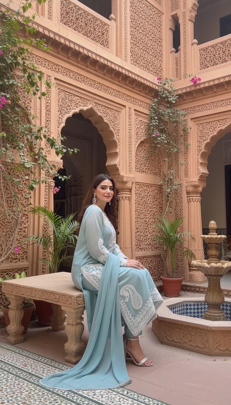 Organza Silk Embroidered Suit Set with Satin Palazzo and Lace Organza Dupatta
