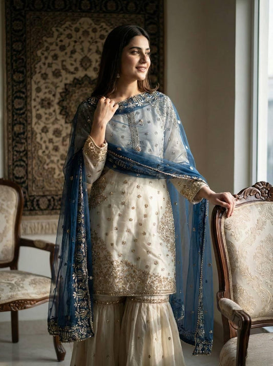 Elegant Ethnic Sharara Suit For Women with Hand Embroidery and Soft Net Dupatta