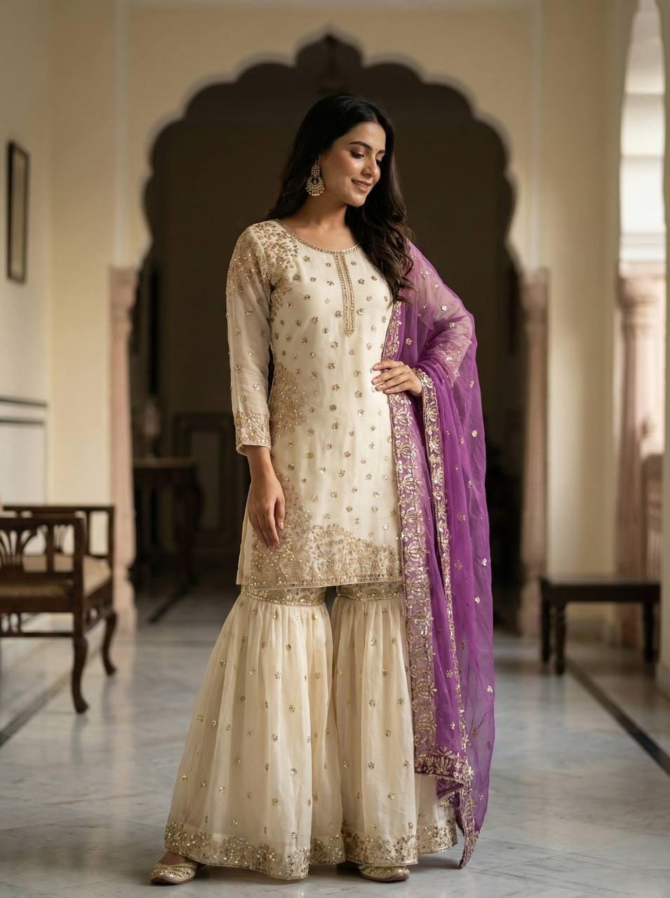 Pure Fendy Silk With Heavy Sequence Embroidery Work Sharara Suit For Women - 3 Piece Set With Dupatta