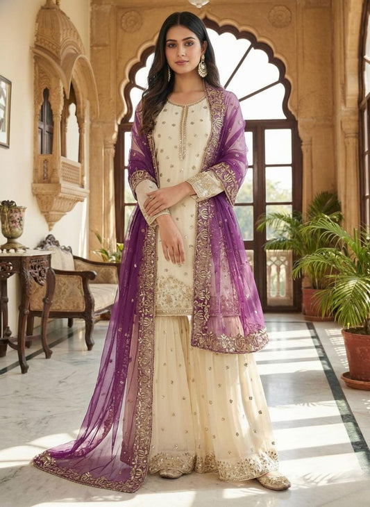 Pure Fendy Silk With Heavy Sequence Embroidery Work Sharara Suit For Women - 3 Piece Set With Dupatta