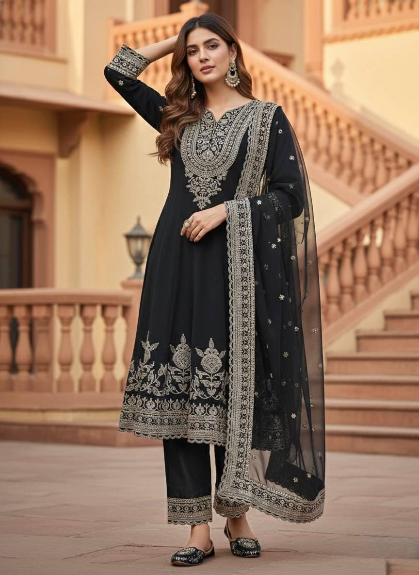 Designer Black Faux Georgette Salwar Kameez For Women's - Sequence Embroidery Work