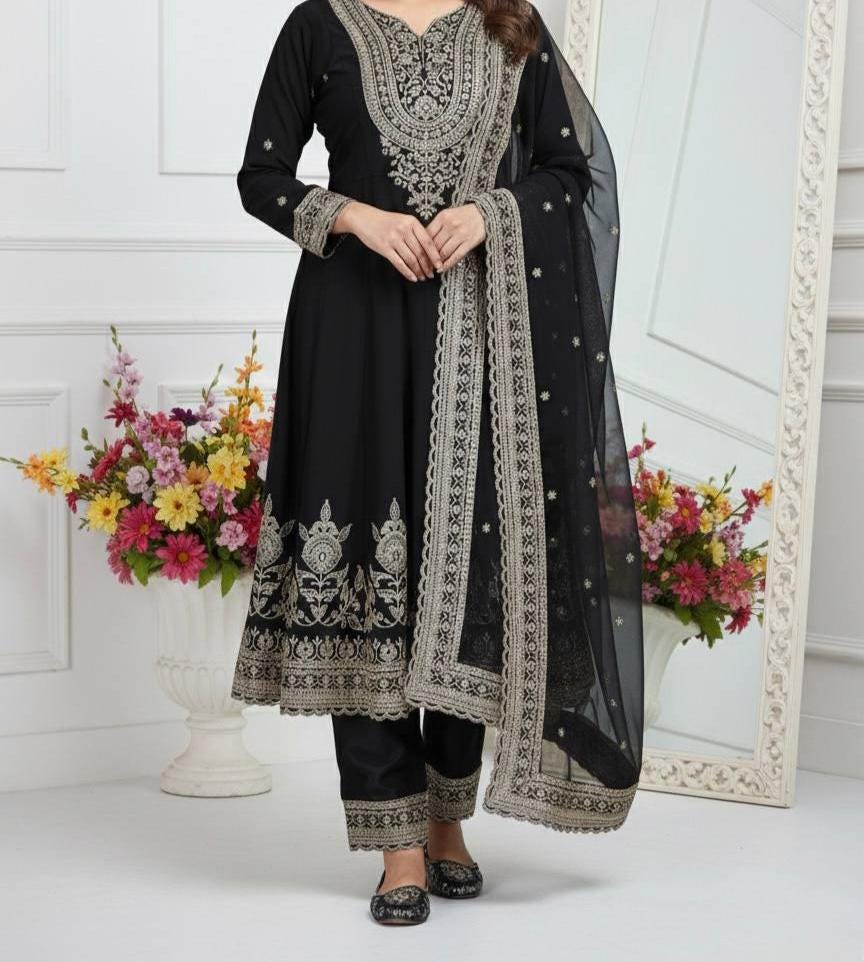 Designer Black Faux Georgette Salwar Kameez For Women's - Sequence Embroidery Work
