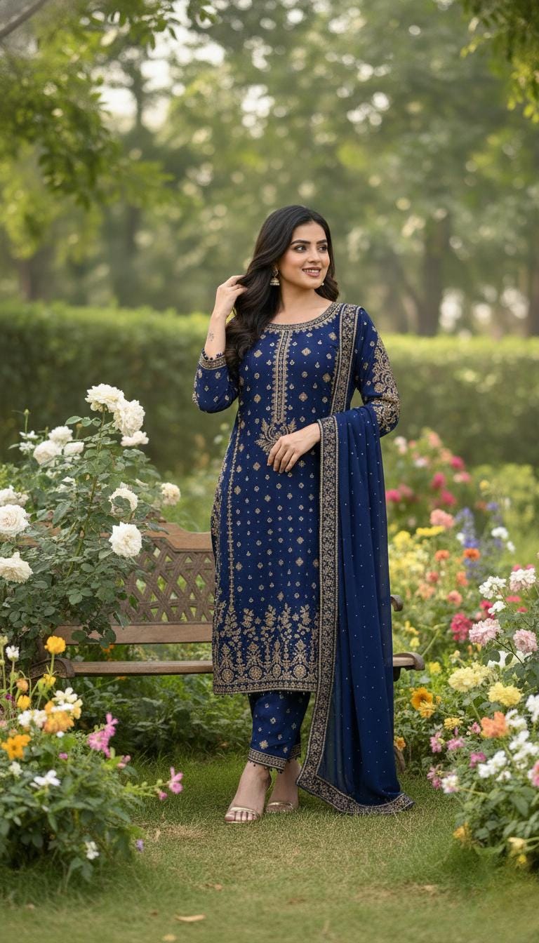 Dark Blue Pakistani Kurti Palazzo Suit Set | Sequence Embroidery Work