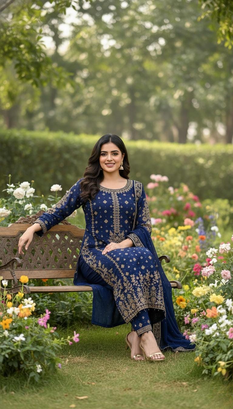 Dark Blue Pakistani Kurti Palazzo Suit Set | Sequence Embroidery Work