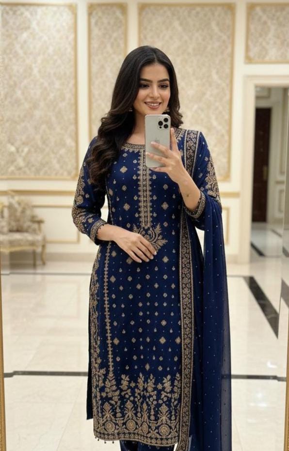 Dark Blue Pakistani Kurti Palazzo Suit Set | Sequence Embroidery Work