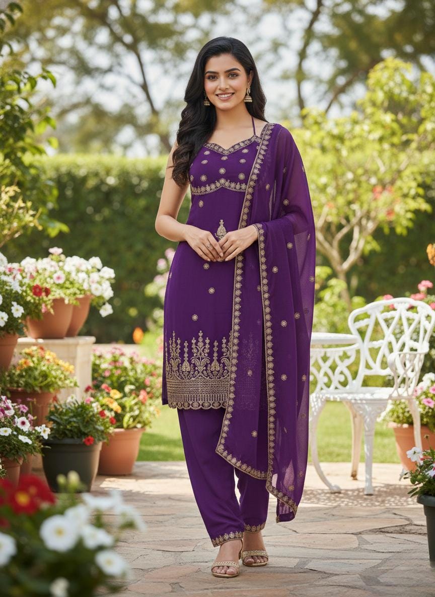Designer Purple Kurti & Palazzo Dupatta Suit With Embroidery Work