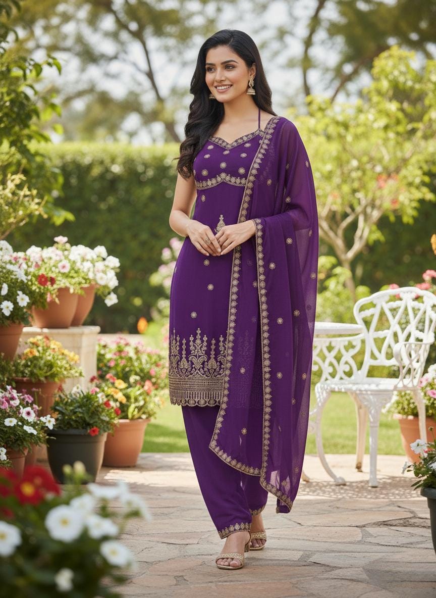 Designer Purple Kurti & Palazzo Dupatta Suit With Embroidery Work