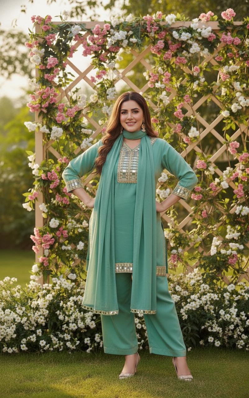 Designer Teal V - Neckline Top & Palazzo With Mirror Work - Festive Wear